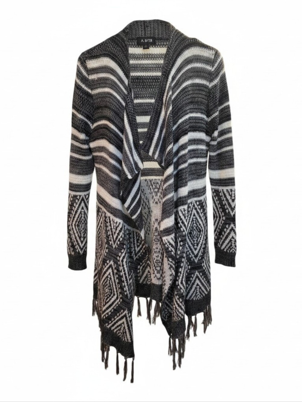 A. Byer Black & White Patterned Fringe Cardigan